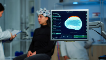 A neurologist running tests on a patient and analyzing their brain