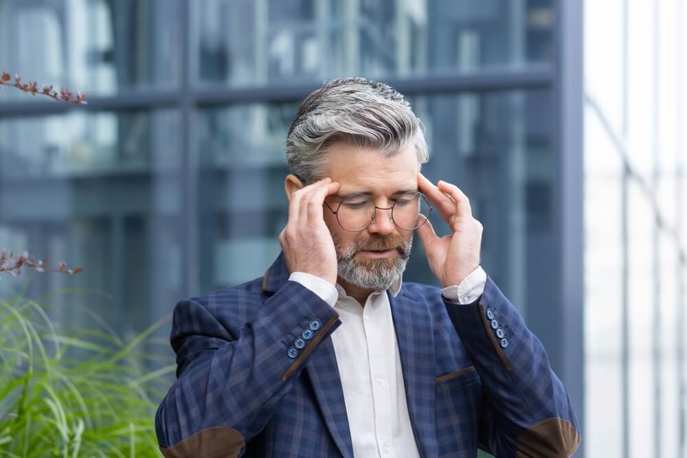 A man clutches his forehead. Learn more about klonopin side effects, uses, and risks here.
