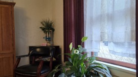 Interior lounge area with fireplace, comfortable seating chairs, potted plants, and large windows with natural lighting