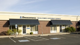 Exterior view of Deaconess Cross Pointe Outpatient Services brick building with main entrance, awnings, accessible parking spaces, and landscaping