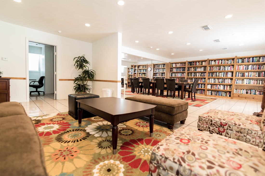 Interior common space with extensive bookshelves, library seating, dark upholstered chairs, colorful patterned rugs, and wooden finishes