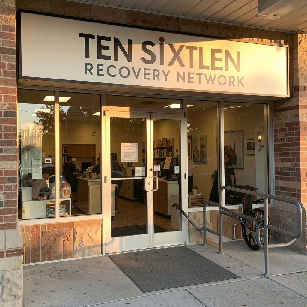 Exterior storefront entrance of Ten Sixteen Recovery Network showing illuminated sign, glass doors, brick facade, and entry ramp