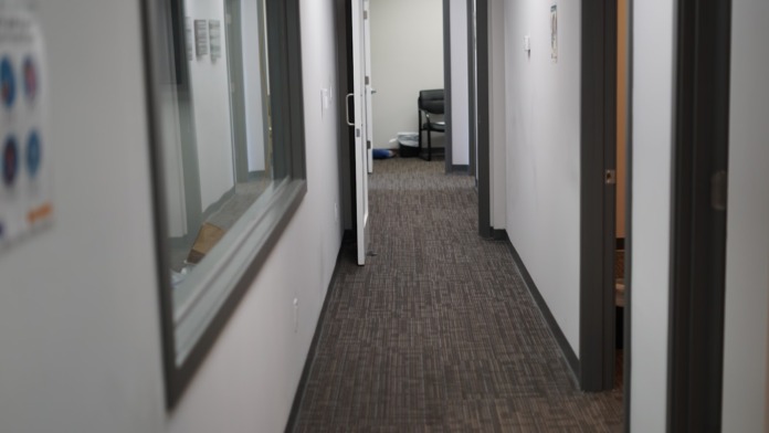 Interior office hallway with brown carpet, white walls, multiple closed office doors with glass windows