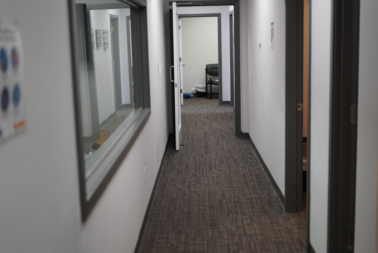 Interior office hallway with brown carpet, white walls, multiple closed office doors with glass windows