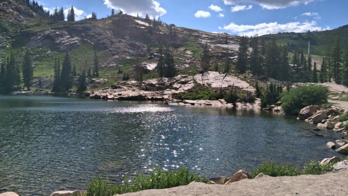 Exterior scenic view of pristine alpine lake surrounded by evergreen forest, rocky shoreline, and mountain slopes
