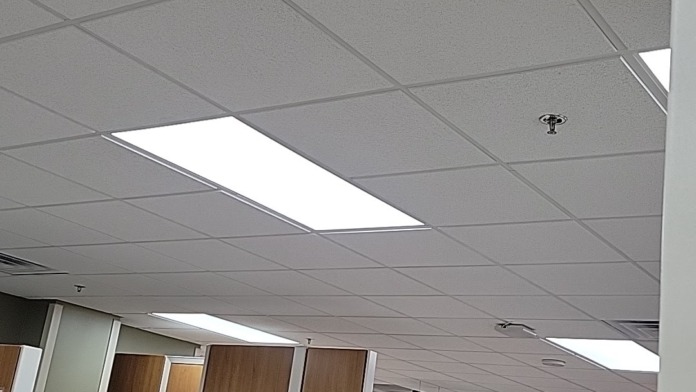 Interior overhead view showing drop ceiling tiles with evenly spaced recessed lighting fixtures