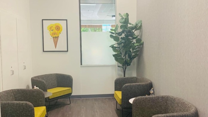 Interior lounge with gray upholstered chairs with yellow cushions, potted plant, and framed artwork on walls