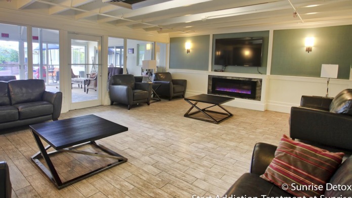 Interior common area with black leather seating, glass doors, mounted flat-screen television, fireplace, and wood flooring.