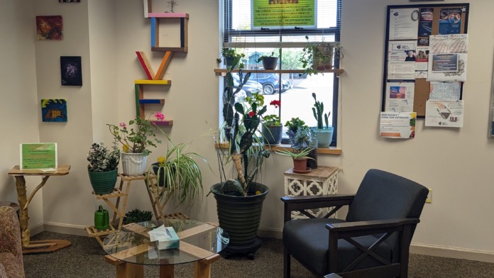 Interior lounge space with comfortable seating, potted plants, window with green signage, and informational bulletin board