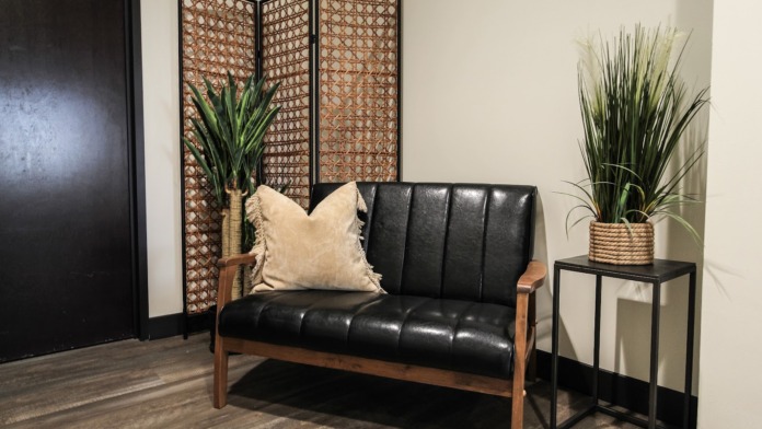 Interior room with dark leather sofa, woven divider screen, potted plants, and minimalist wall decor.