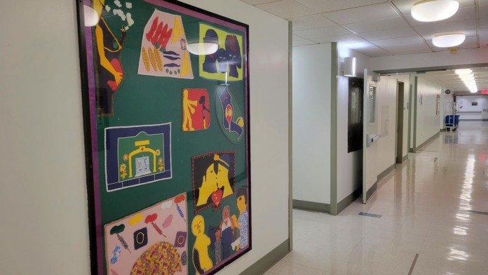 Interior hallway with colorful patient artwork display on green panel, white walls, and clean flooring