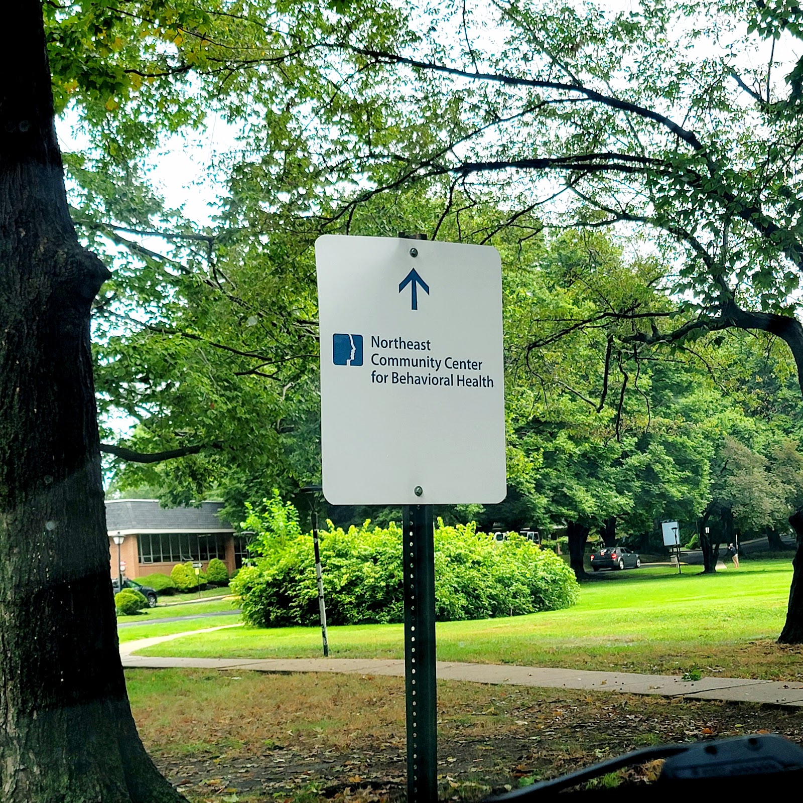 Outdoor directional sign with facility logo and upward arrow indicating parking and entrance directions surrounded by landscaping