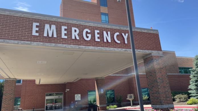 Emergency department entrance with signage, brick exterior, covered portico, and landscaped plantings with flowering shrubs