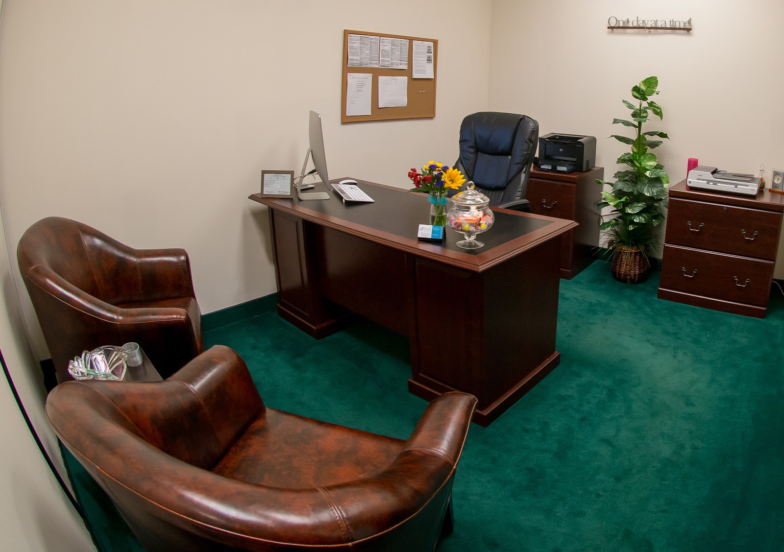 Interior office featuring mahogany desk with executive chair, leather seating, green carpeting, plants, and professional décor