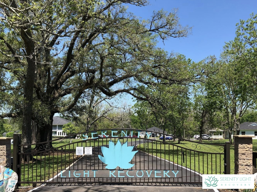 Ornate iron gate entrance with Serenity Light Recovery logo sign, mature oak tree canopy, and facility grounds