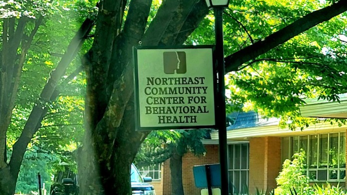 Outdoor sign for Northeast Community Center for Behavioral Health mounted on pole beneath large shade trees with facility visible in background