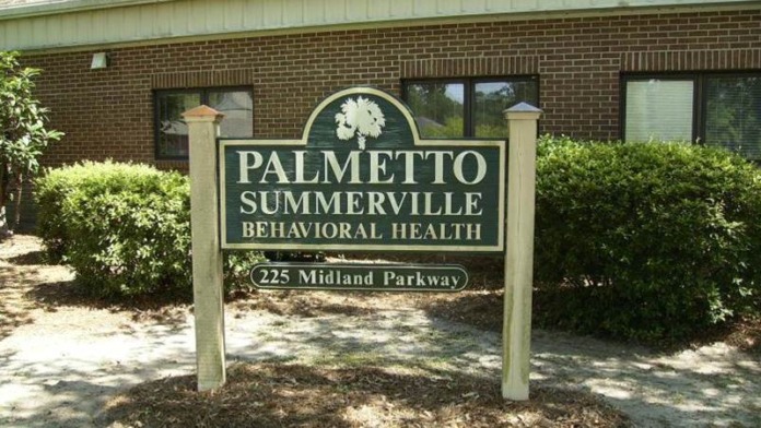 Exterior sign for Palmetto Summerville Behavioral Health with brick building and landscaped grounds visible