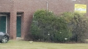 Exterior view of brick building with front entrance doors, landscaping, and parking area visible