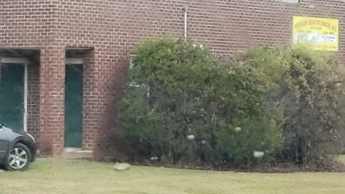 Exterior view of brick building with front entrance doors, landscaping, and parking area visible