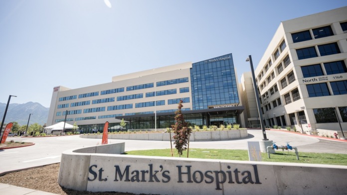 Exterior showing front hospital entrance with St. Marks Hospital signage and contemporary architectural design