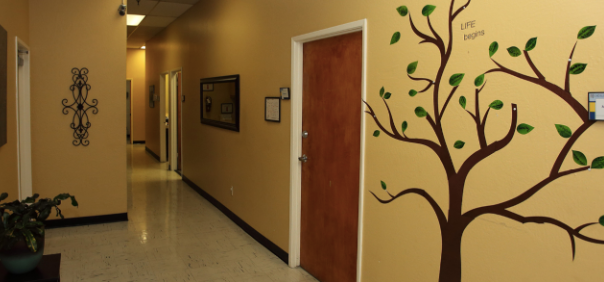 Interior hallway with beige and blue walls featuring tree artwork and informational bulletin boards