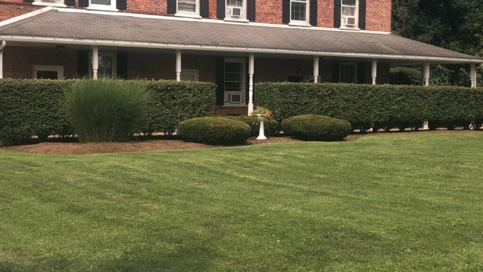 Exterior front facade of brick treatment facility with manicured lawn, decorative shrubs, and covered porch