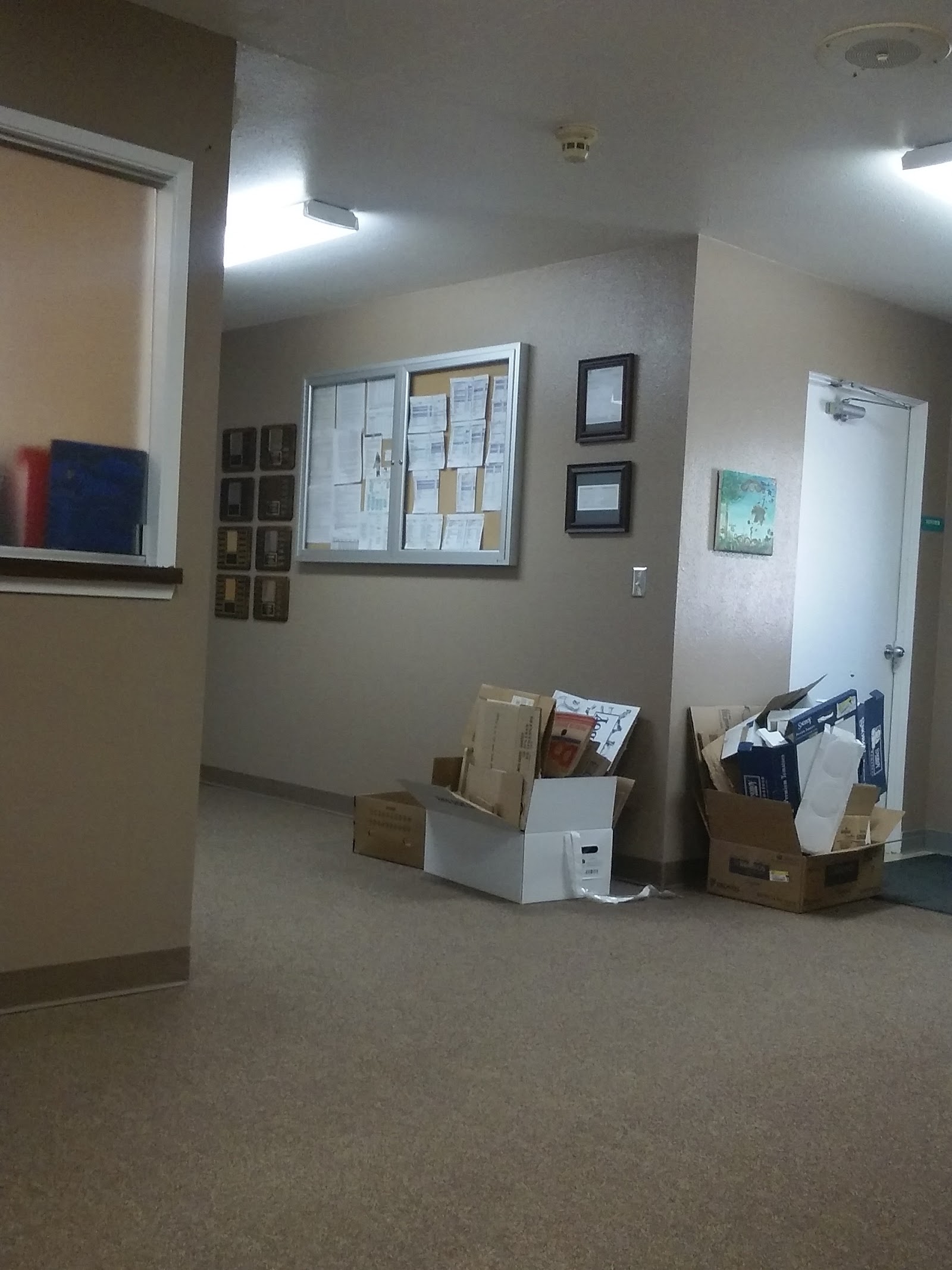 Interior hallway with bulletin board, informational signage, and storage boxes showing administrative spaces