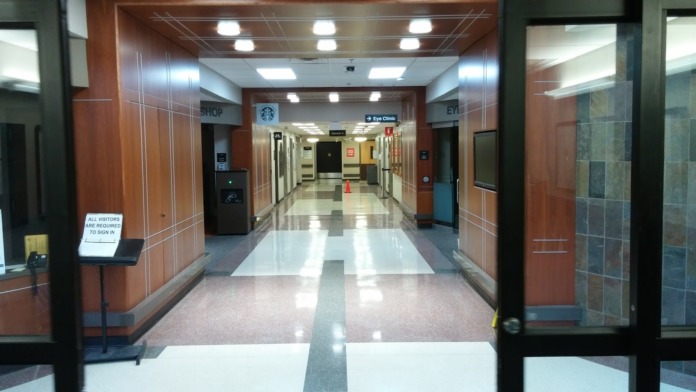 Interior corridor with wooden doors along polished floor under modern overhead lighting