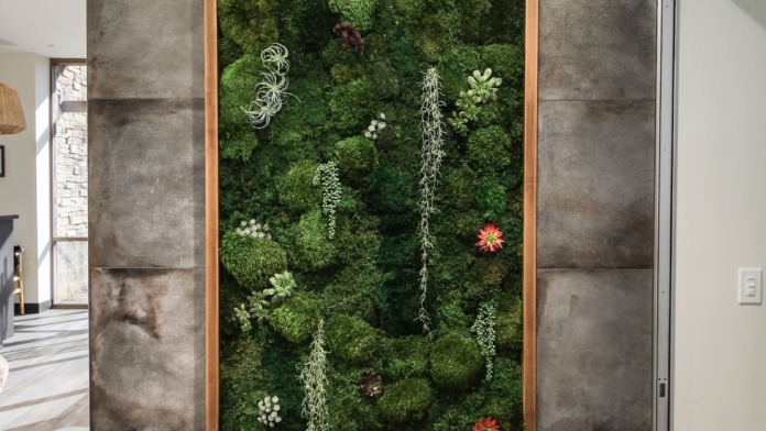 Interior hallway with preserved moss wall art installation, natural lighting, and contemporary concrete architectural features.