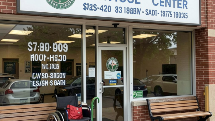 Exterior view of Substance Abuse Services Center main entrance featuring brick facade, white signage, benches, and accessible entry