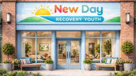 Exterior front entrance of New Day Recovery Youth facility showing colorful logo sign, blue doors, and landscaped entry with potted plants