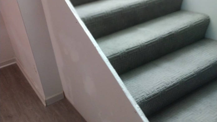 Interior staircase featuring gray textured carpet runner on steps, white finished walls, and wood handrail