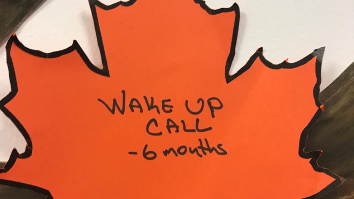 Close-up of handwritten orange recovery milestone leaf craft showing six-month accomplishment message.