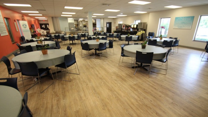Interior large communal room with multiple round tables, black chairs, vibrant teal accent walls, artwork, and green plant displays