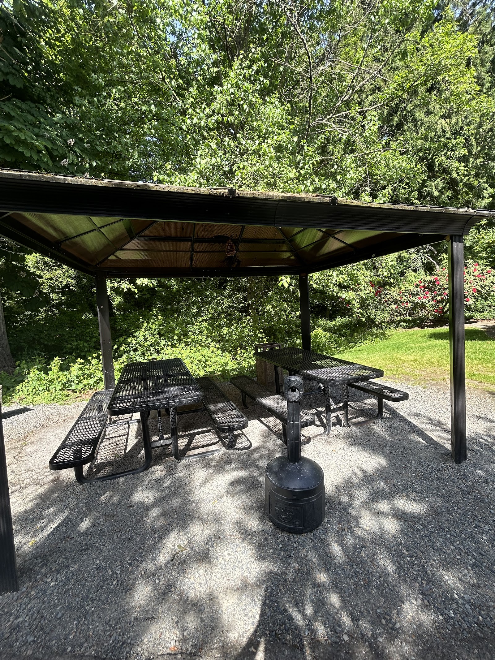 Exterior covered picnic shelter with metal picnic tables, fire pit, surrounded by tall trees and landscaping