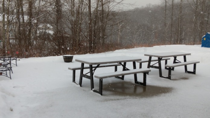 Outdoor concrete patio with picnic tables and umbrellas overlooking wooded hillside landscape