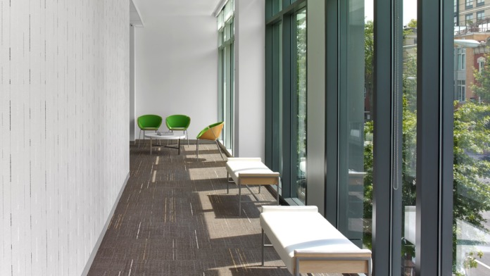 Outdoor covered terrace with benches, white walls, large windows, and green plant landscaping elements