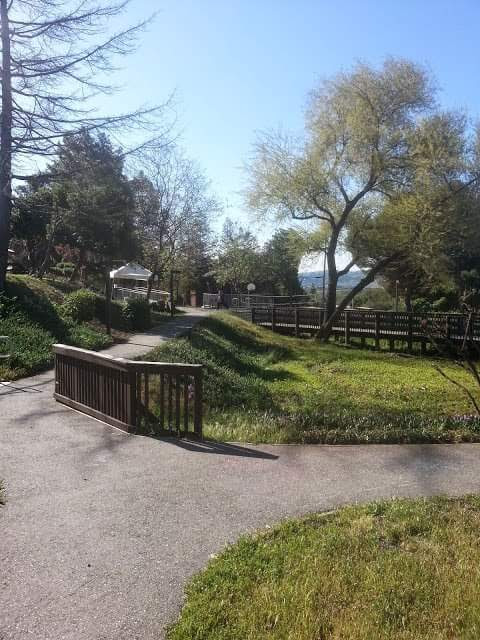 Exterior paved walkway with railings, landscaping, and wooded grounds surrounding treatment facility