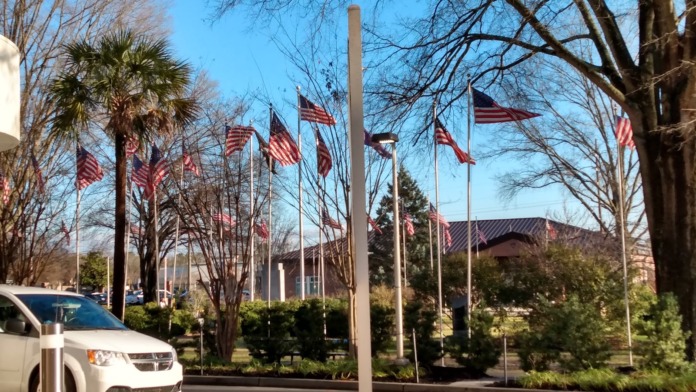 Exterior parking lot with American flag display, palm trees, and facility entrance area