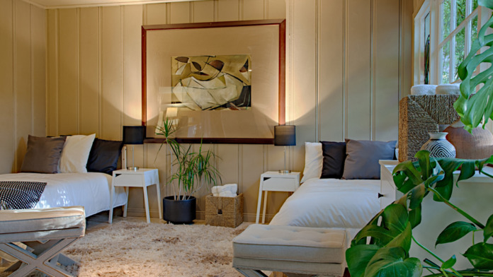 Interior patient bedroom with twin beds, modern furnishings, window with natural light, and plant decor