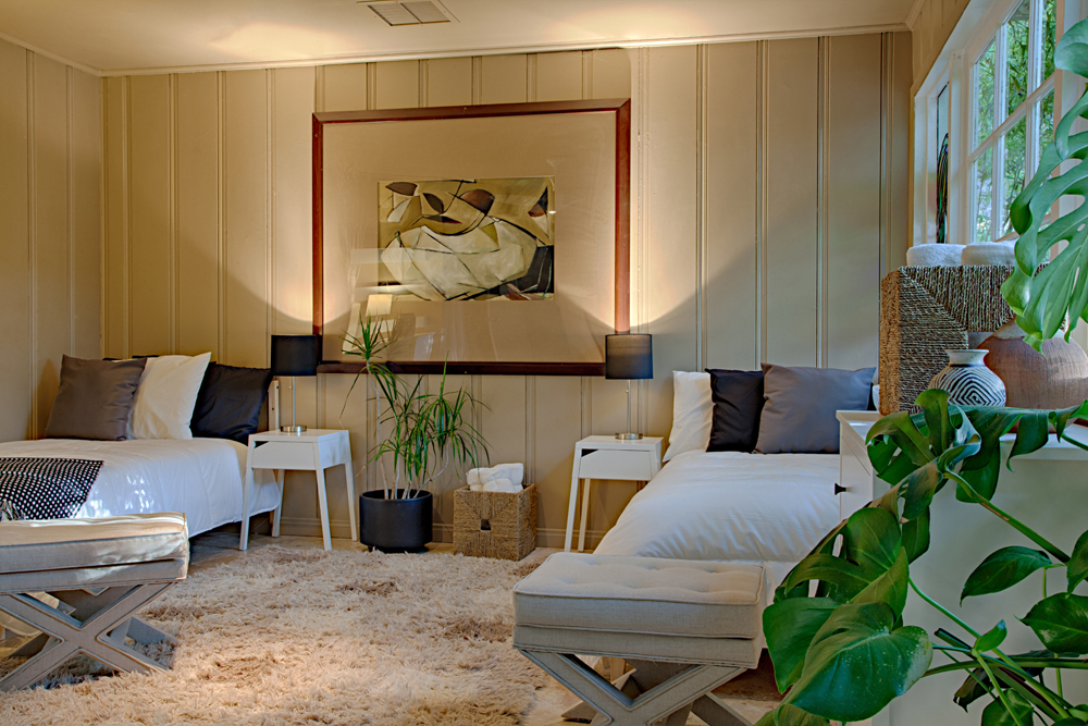 Interior patient bedroom with twin beds, modern furnishings, window with natural light, and plant decor