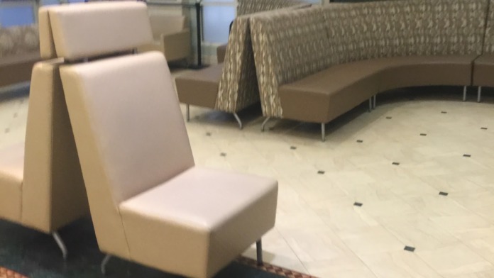 Interior patient waiting area with modern seating arrangements, windows, and framed artwork