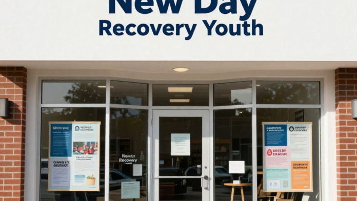 Exterior brick building entrance with dark signage, white trimmed windows, and information boards posted on glass doors and windows