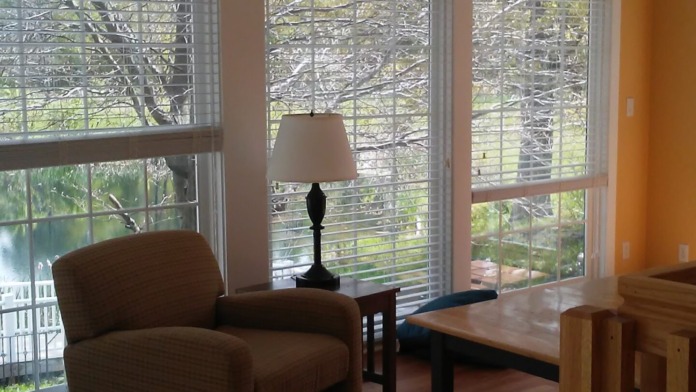 Interior common area with floor-to-ceiling windows overlooking trees, furnished with brown armchair and side table