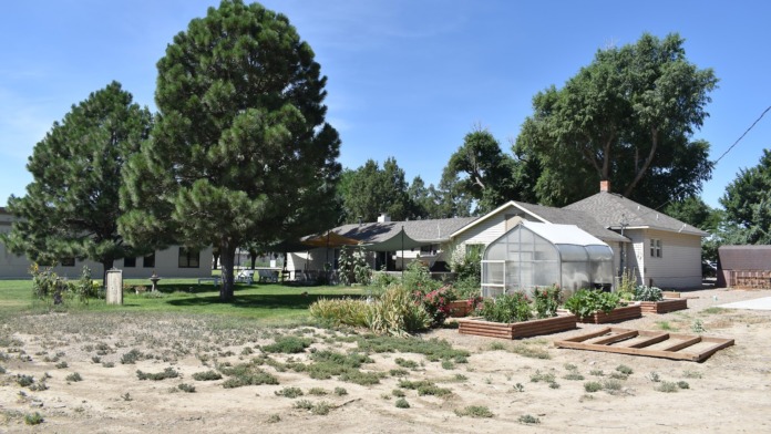 Outdoor garden space with greenhouse, raised planting beds, shade structures, mature trees, and recreational amenities