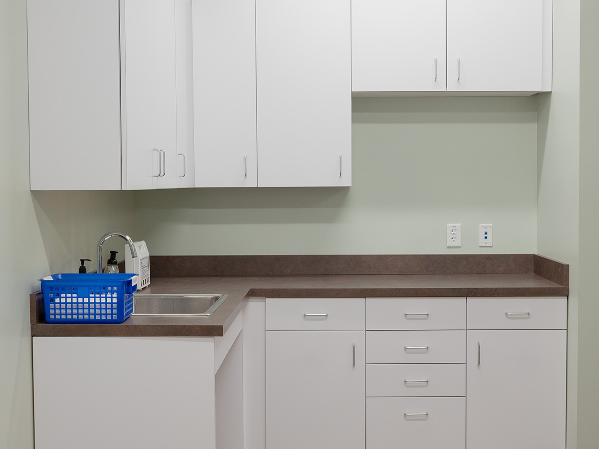Interior medical utility room with white cabinetry, brown countertop, sink with faucet, and cleaning supplies