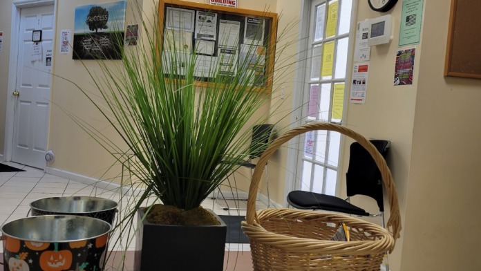 Interior waiting space featuring seating, green plant arrangement, wall-mounted informational signs and clock