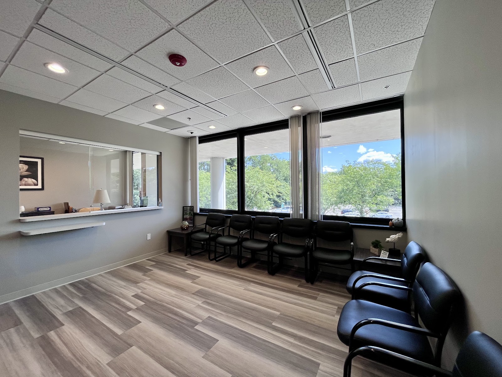 Interior waiting area with black leather seating, large windows overlooking outdoor landscape, reception window visible