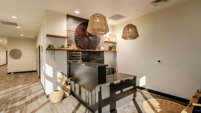 Interior reception area with decorative pendant lights, ornamental sculpture, shelving, and landscape artwork.