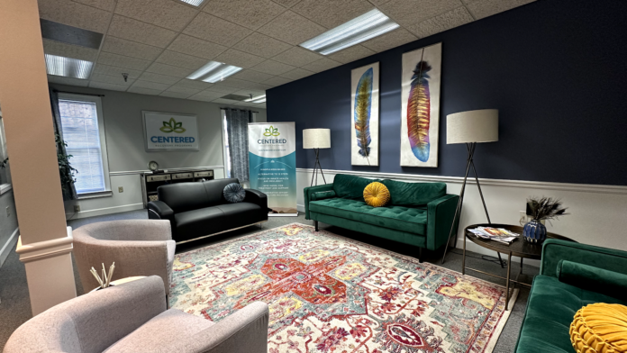 Interior lounge space with upholstered seating, area rug, dark accent wall, framed artwork, and natural lighting